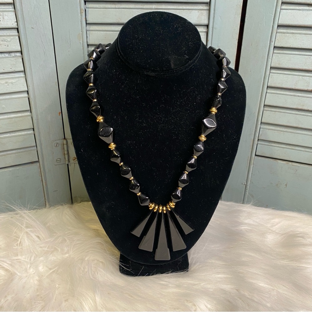 Vintage Napier Black & Gold Geometric Fan Statement Necklace